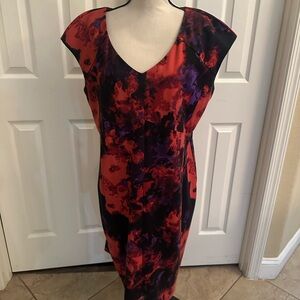 Red, Black and Purple Floral Ponte Knit Cap Sleeve Dress
